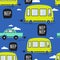 Colorful seamless pattern with cars, buses. Decorative background with funny transport. Automobile, bus