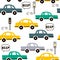 Colorful seamless pattern with cars, traffic lights. Decorative background with funny transport. Automobile
