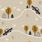 Colorful seamless pattern with cars, trees, fir trees. Decorative background with funny transport. Automobile