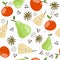 Colorful seamless pattern with cartoon fruits, leaves, flowers, decor elements, dots. fruit theme. vector. hand drawing.