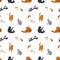 Colorful seamless pattern with cats of different breeds sleeping, walking, washing, stretching itself on white