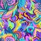 Colorful seamless pattern with chaotic floral and psychedelic abstract elements. Vector illustration