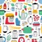 Colorful seamless pattern with cooking tools on white background. Backdrop with kitchen utensils for homemade meals
