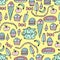 Colorful seamless pattern for cooks with food and ware
