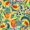Colorful seamless pattern with crazy psychedelic organic abstract elements, print with plant and mushrooms
