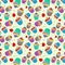 Colorful seamless pattern of cupcake and red cherry on  nyanza background. wallpaper, textile design.