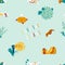 Colorful seamless pattern with cute pufferfish, abstract fish and seaweed