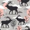 Colorful seamless pattern, deers, trees, clouds. Decorative background