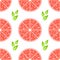 Colorful seamless pattern of delicious grapefruit slices on a white background. Simple flat vector illustration. For the design of