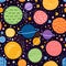 Colorful seamless pattern with different planets and stars in space. Print for fabric. Vector illustration
