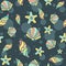 Colorful seamless pattern with different types of sea creatures. Underwater life, exotic and aquatic repetitive background.