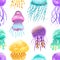 Colorful seamless pattern with different vibrant jellyfish. Repeatable background with swimming medusa. Vector cartoon