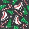 Colorful seamless pattern with figure skates, fir trees, candy canes, snow. Decorative cute background. Winter time