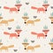 Colorful seamless pattern, foxes with feathers. Decorative cute background with animals