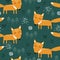 Colorful seamless pattern, foxes and fir-trees. Decorative cute background with animals