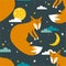 Colorful seamless pattern with foxes, moon, stars. Decorative cute background with funny animals, night sky