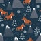 Colorful seamless pattern, foxes, mountains and fir-trees. Decorative cute background with animals, forest