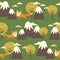 Colorful seamless pattern, foxes, mountains and trees. Decorative cute background with animals, forest