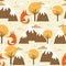 Colorful seamless pattern, foxes, mountains and trees. Decorative cute background with animals, forest