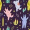Colorful seamless pattern with funny llamas and cacti. Creative background with alpacas