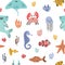 Colorful seamless pattern with funny marine animals or underwater creatures, corals and seaweed on white background