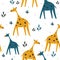 Colorful seamless pattern, giraffes in grass. Decorative cute background with animals