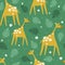 Colorful seamless pattern with giraffes, palm leaves, flowers. Decorative cute background with funny animals, garden