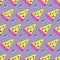 Colorful seamless pattern groovy pizza with eyes. Vintage psychedelic fabric, wrapping and wallpaper.