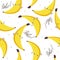 Colorful seamless pattern with happy bananas, text. Decorative cute background, funny fruits