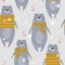 Colorful seamless pattern with happy bears, hearts, snow. Decorative cute background with animals