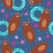 Colorful seamless pattern with happy bears, inflatable circles, sea stars. Decorative cute background with funny animals, aqua
