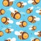 Colorful seamless pattern with happy bees, sky. Decorative cute background with insects