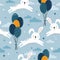 Colorful seamless pattern with happy bunnies, air ballons. Decorative cute background with animals, sky. Rabbits