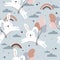 Colorful seamless pattern with happy bunnies, air ballons, rainbow. Decorative cute background with animals. Funny rabbits, sky