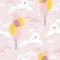 Colorful seamless pattern, happy bunnies, air balloons, sky. Decorative cute background with animals. Funny rabbits, clouds, stars