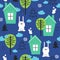 Colorful seamless pattern, happy bunnies, houses and trees. Decorative cute background, funny rabbits