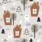 Colorful seamless pattern, happy bunnies, houses, trees, fir-trees. Decorative cute background, funny rabbits