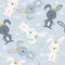 Colorful seamless pattern with happy bunnies, sky. Decorative cute background with animals, stars
