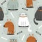 Colorful seamless pattern with happy cats, dogs. Decorative cute background, funny animals, fishes, bones