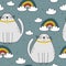 Colorful seamless pattern with happy cats, rainbow, clouds. Decorative cute background with funny animals, sky. Meow