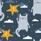 Colorful seamless pattern with happy cats, stars, clouds. Decorative cute background with animals, night sky