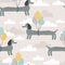 Colorful seamless pattern with happy dogs, air balloons. Decorative cute background, funny dachshunds and sky