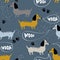 Colorful seamless pattern with happy dogs. Decorative cute background with funny animals. Dachshunds. Woof