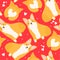 Colorful seamless pattern with happy dogs, hearts. Decorative cute background, romantic corgi