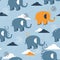 Colorful seamless pattern with happy elephants, clouds. Cute background
