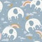 Colorful seamless pattern with happy elephants, sky. Decorative cute background with animals, rainbow