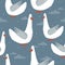 Colorful seamless pattern with happy geese. Decorative cute background with birds, sky