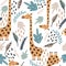 Colorful seamless pattern with happy giraffes, leaves. Decorative cute background with funny animals, garden