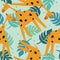 Colorful seamless pattern with happy giraffes, palm leaves. Decorative cute background with funny animals, garden