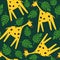 Colorful seamless pattern with happy giraffes, palm leaves. Decorative cute background with funny animals, garden